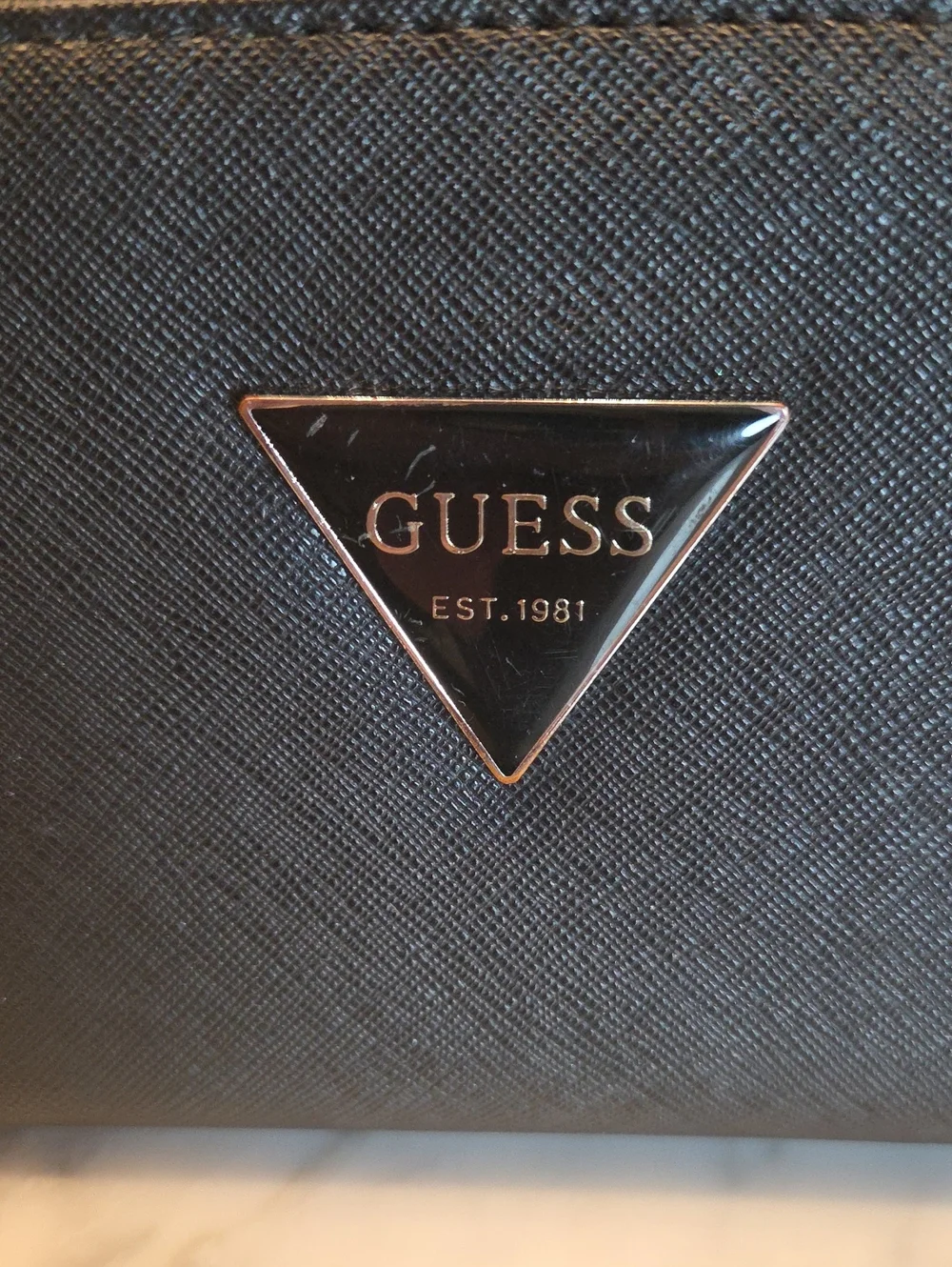 Pre-loved Guess Black Saffiano Zip Wallet with Silver Triangle Logo